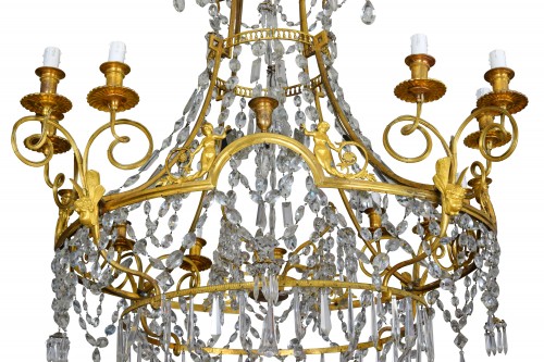 Antiquités - Grand lustre à douze lumières en bronze doré et cristal, France XIXe siècle