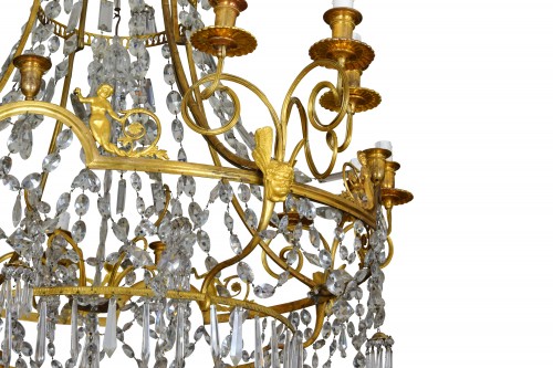 Antiquités - Grand lustre à douze lumières en bronze doré et cristal, France XIXe siècle