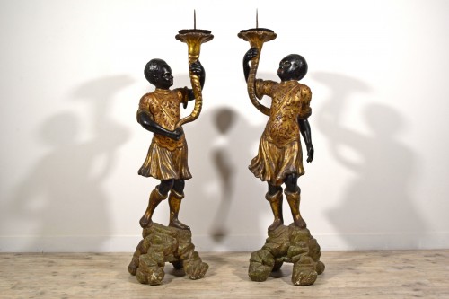 Pair of Moor Torchère Figures in Lacquered and Gilt Wood, Sicily19th Cent - Lighting Style 