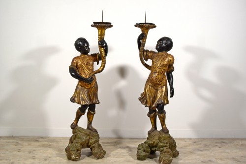 Lighting  - Pair of Moor Torchère Figures in Lacquered and Gilt Wood, Sicily19th Cent