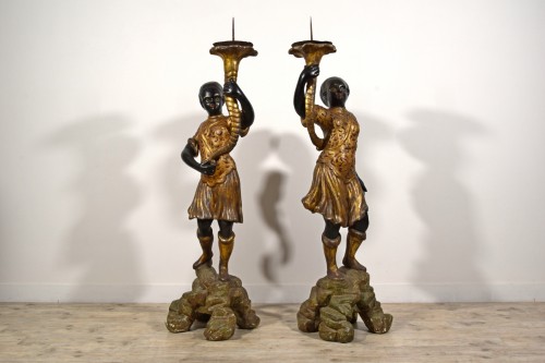Pair of Moor Torchère Figures in Lacquered and Gilt Wood, Sicily19th Cent - 