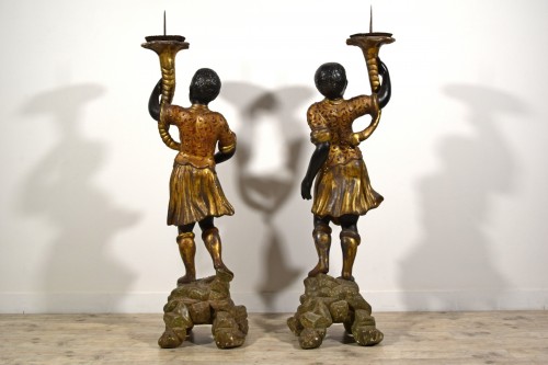 19th century - Pair of Moor Torchère Figures in Lacquered and Gilt Wood, Sicily19th Cent