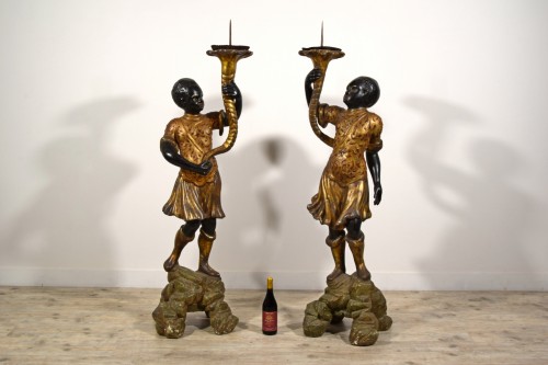 Pair of Moor Torchère Figures in Lacquered and Gilt Wood, Sicily19th Cent - 