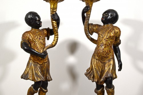 Antiquités - Pair of Moor Torchère Figures in Lacquered and Gilt Wood, Sicily19th Cent