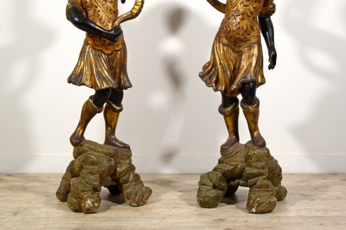 Antiquités - Pair of Moor Torchère Figures in Lacquered and Gilt Wood, Sicily19th Cent