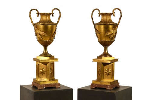 XIX century Pair of Large Italian Neoclassical Gilt Bronze Vases 