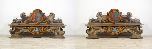 Seating  - 18th century, Pair of Baroque Tuscany Lacquered Wooden Benches