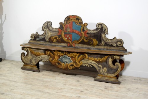 Antiquités - 18th century, Pair of Baroque Tuscany Lacquered Wooden Benches