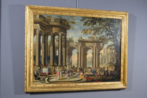 Caprice architectural avec personnages, attribué à Isaac De Moucheron, XVIIIeme siècle - Tableaux et dessins Style 
