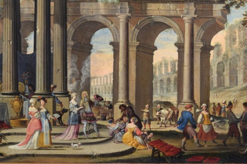 Caprice architectural avec personnages, attribué à Isaac De Moucheron, XVIIIeme siècle - Brozzetti Antichità