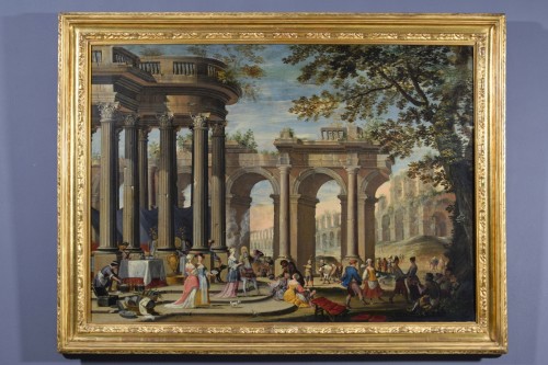 XVIIIe siècle - Caprice architectural avec personnages, attribué à Isaac De Moucheron, XVIIIeme siècle