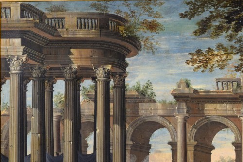 Caprice architectural avec personnages, attribué à Isaac De Moucheron, XVIIIeme siècle - 