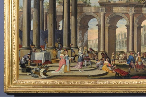  - Caprice architectural avec personnages, attribué à Isaac De Moucheron, XVIIIeme siècle