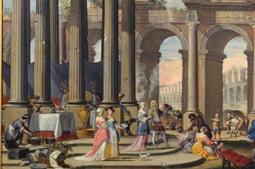 Antiquités - Caprice architectural avec personnages, attribué à Isaac De Moucheron, XVIIIeme siècle