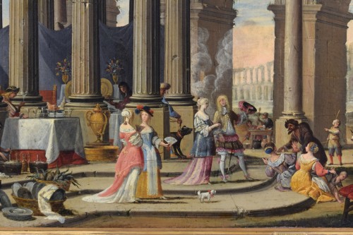 Antiquités - Caprice architectural avec personnages, attribué à Isaac De Moucheron, XVIIIeme siècle