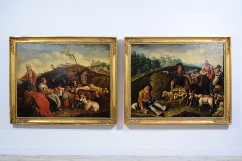 Paire de grandes scènes pastorales, école des Londonio XVIIIe siècle - Tableaux et dessins Style 