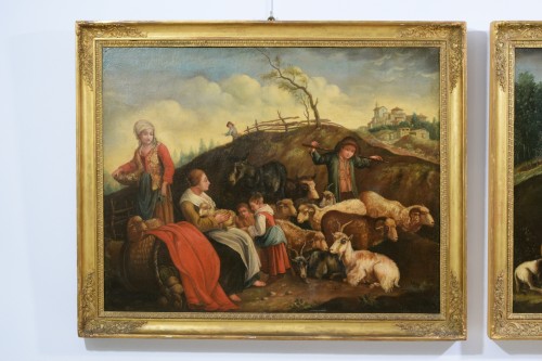 Tableaux et dessins Tableaux XVIIIe siècle - Paire de grandes scènes pastorales, école des Londonio XVIIIe siècle