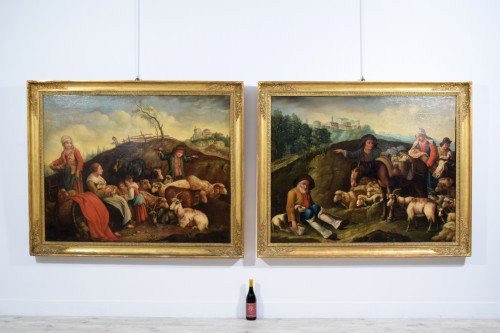 Paire de grandes scènes pastorales, école des Londonio XVIIIe siècle - 