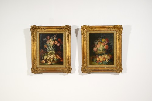 Tableaux et dessins Tableaux XVIIIe siècle - Deux natures mortes avec compositions de fleurs, fruits et champignons, Italie XVIIIe siècle