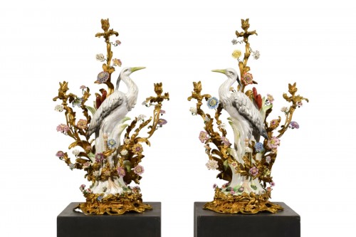 19th Century Pair of French Large Gilt Bronze and Porcelain Candelabras 