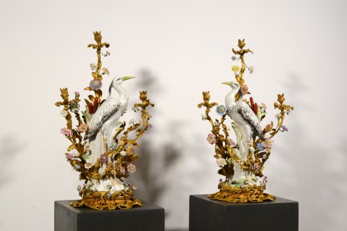 19th century - 19th Century Pair of French Large Gilt Bronze and Porcelain Candelabras 