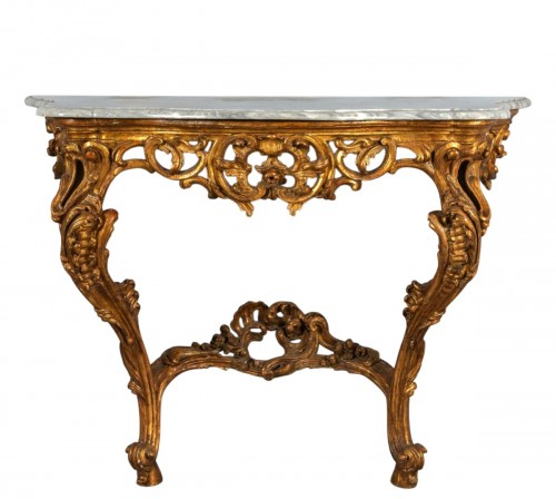 Console en bois sculpté et doré, Italie, époque Barocchetto milieu du XVIIIe siècle