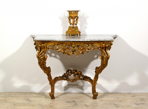 Console en bois sculpté et doré, Italie, époque Barocchetto milieu du XVIIIe siècle - Brozzetti Antichità