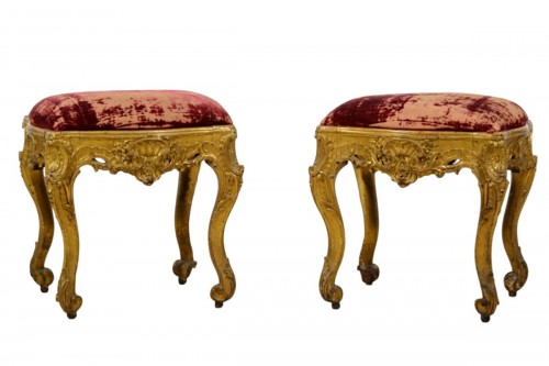 18th Century, Pair of Baroque French Carved and Gilded Wood Center Stools 