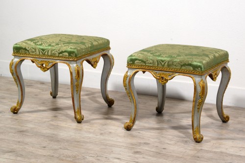 18th century, Italian Pair of Rococo Lacquered and Gilt Wood Stools - Seating Style Louis XV