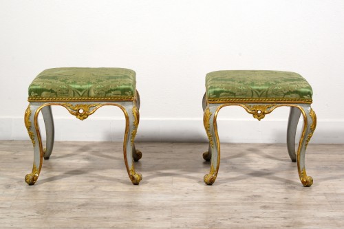Seating  - 18th century, Italian Pair of Rococo Lacquered and Gilt Wood Stools