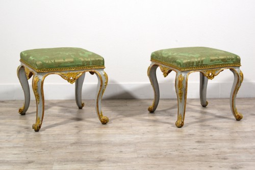 18th century - 18th century, Italian Pair of Rococo Lacquered and Gilt Wood Stools