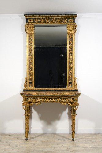 Console et miroir néoclassiques en bois sculpté, laqué et doré, Italie fin du XVIIIe - Mobilier Style Louis XVI