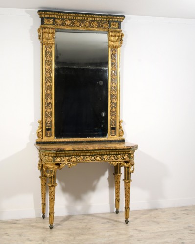 Mobilier Console - Console et miroir néoclassiques en bois sculpté, laqué et doré, Italie fin du XVIIIe