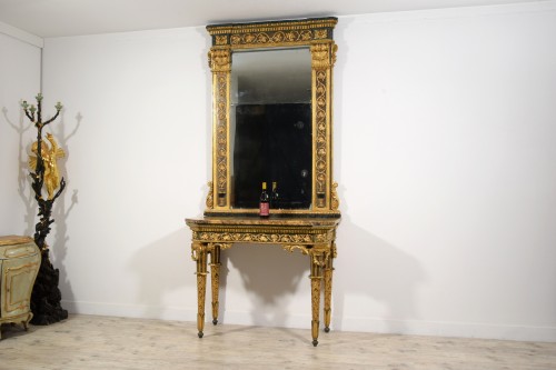 Console et miroir néoclassiques en bois sculpté, laqué et doré, Italie fin du XVIIIe - Brozzetti Antichità
