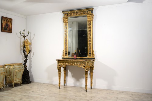 XVIIIe siècle - Console et miroir néoclassiques en bois sculpté, laqué et doré, Italie fin du XVIIIe