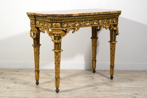 Antiquités - Console et miroir néoclassiques en bois sculpté, laqué et doré, Italie fin du XVIIIe