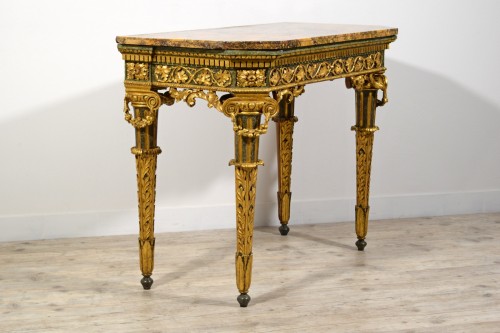 Antiquités - Console et miroir néoclassiques en bois sculpté, laqué et doré, Italie fin du XVIIIe