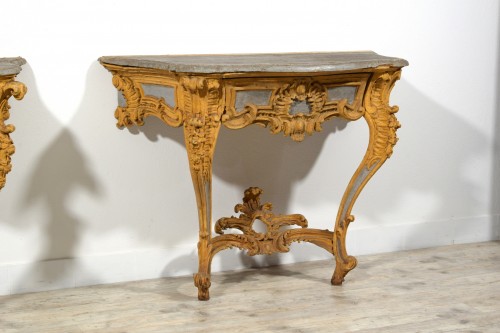 Louis XIV - Paire de consoles en bois sculpté et laqué, Italie XVIIIe siècle