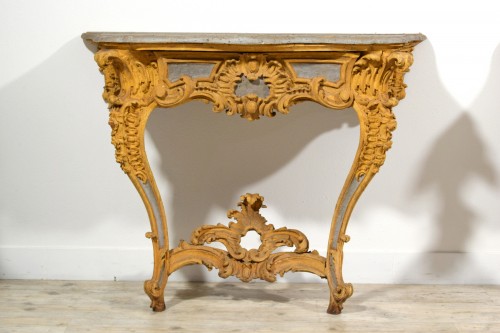 Antiquités - Paire de consoles en bois sculpté et laqué, Italie XVIIIe siècle