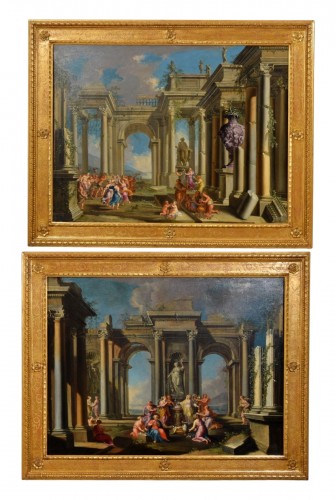 17th Century, Pair Italian Paintings With Architectural Capriccio By Albert
