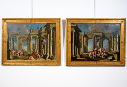 17th century - 17th Century, Pair Italian Paintings With Architectural Capriccio By Albert