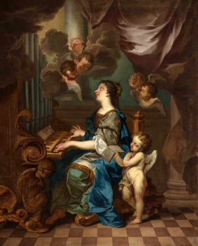 École Romaine du XVIIe siècle, Sainte Cécile avec des anges en concert - Tableaux et dessins Style 