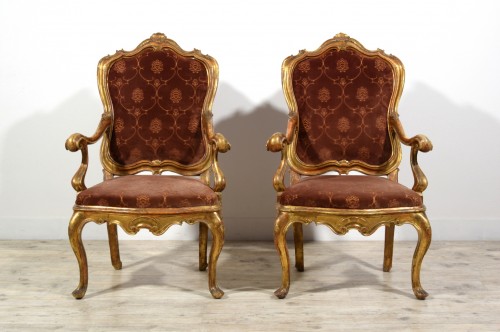 Seating  - 18th Century, Pair of Venetian Rococo Carved and Gilt Wood Armchairs