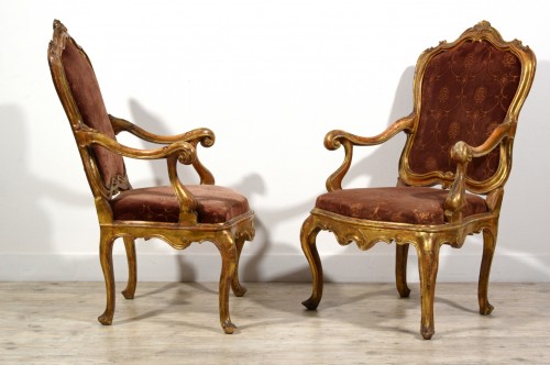 Antiquités - 18th Century, Pair of Venetian Rococo Carved and Gilt Wood Armchairs