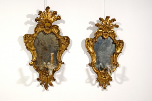 Pair of Baroque mirrors in carved and gilded wood, Italy 18th century - Mirrors, Trumeau Style Louis XIV