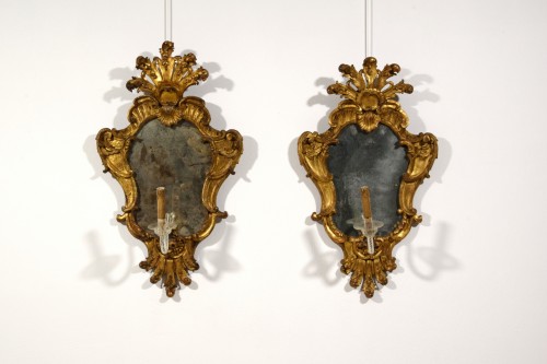 18th century - Pair of Baroque mirrors in carved and gilded wood, Italy 18th century