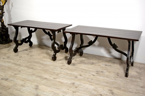 Paire de tables en bois avec plateau plaqué et marqueté, Toscane XVIIIe siècle - Mobilier Style 