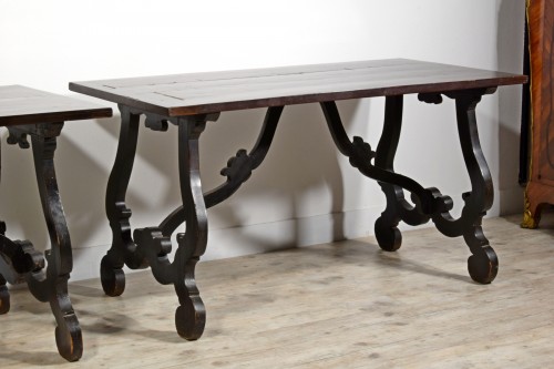Antiquités - Paire de tables en bois avec plateau plaqué et marqueté, Toscane XVIIIe siècle