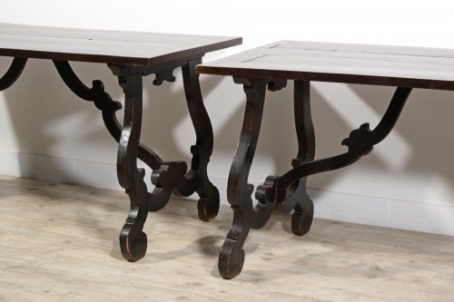 Antiquités - Paire de tables en bois avec plateau plaqué et marqueté, Toscane XVIIIe siècle