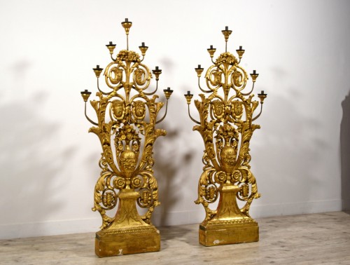 Lighting  - 18th century, Pair of Italian Neoclassical Giltwood Floor Candelabra